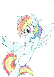 Size: 2456x3484 | Tagged: safe, artist:meowmavi, rainbow dash, g4, cute, explicit source, female, high res, looking at something, simple background, solo, spread wings, traditional art, white background