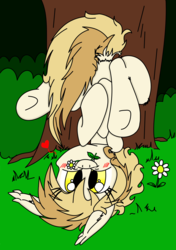 Size: 2116x3000 | Tagged: safe, artist:meowmavi, oc, oc only, oc:rakka, bat pony, pony, cute, explicit source, flower, flower in mouth, high res, mouth hold, under the tree, upside down