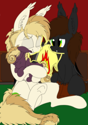 Size: 2116x3000 | Tagged: safe, artist:meowmavi, oc, oc only, oc:rakka, bat pony, pony, cute, explicit source, family, female, filly, fireplace, high res, male, offspring, straight