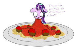 Size: 1216x800 | Tagged: safe, artist:mightyshockwave, starlight glimmer, pony, g4, female, floppy ears, food, foodplay, horse meat, meat, meatball, pasta, person as food, solo, spaghetti, tied up