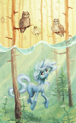 Size: 1246x2020 | Tagged: safe, artist:koviry, trixie, bird, owl, pony, unicorn, g4, bubble, crepuscular rays, female, flood, flowing mane, flowing tail, forest, holding breath, horn, mare, ocean, solo, sunlight, swimming, tail, tree, underwater, unshorn fetlocks, water