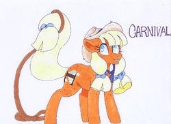 Size: 523x381 | Tagged: safe, artist:frozensoulpony, oc, oc only, oc:carnival, offspring, parent:applejack, parent:jet set, parents:applejet, solo, traditional art