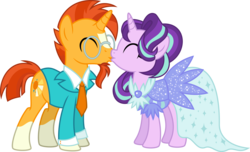 Size: 5063x3076 | Tagged: safe, artist:osipush, starlight glimmer, sunburst, pony, unicorn, g4, clothes, commission, dress, eyes closed, female, flash puppet, formal wear, glasses, high res, kiss on the lips, kissing, male, marriage, necktie, ship:starburst, shipping, simple background, straight, transparent background, wedding, wedding dress