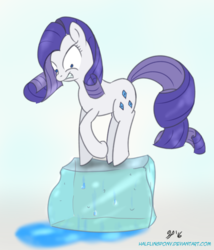 Size: 720x840 | Tagged: safe, artist:halflingpony, rarity, g4, cold, female, gritted teeth, ice, ice cube, missing horn, newbie artist training grounds, solo