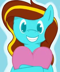 Size: 752x900 | Tagged: safe, artist:tyrannisumbra, oc, oc only, oc:ilovekimpossiblealot, cute, heart, heart pillow, misleading thumbnail, pillow, simple background, smiling, solo