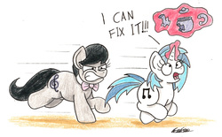 Size: 2153x1334 | Tagged: safe, artist:bobthedalek, dj pon-3, octavia melody, vinyl scratch, earth pony, pony, unicorn, g4, broken, chubby, newbie artist training grounds, running, signature, teapot, this will end in pain, traditional art