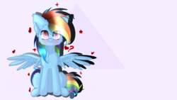 Size: 1920x1080 | Tagged: safe, artist:colorbrush, rainbow dash, pegasus, pony, g4, blushing, cheek fluff, chest fluff, cute, ear fluff, female, fluffy, heart, looking at you, looking up, mare, question mark, simple background, sitting, smiling, solo, spread wings, wallpaper, white background, wings, zoom layer
