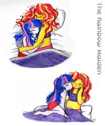 Size: 896x1079 | Tagged: safe, artist:therainbowmaiden, sci-twi, sunset shimmer, twilight sparkle, equestria girls, g4, my little pony equestria girls: legend of everfree, bed hair, belly button, blanket, cheek kiss, clothes, cuddling, eyes closed, female, humanized, kissing, lesbian, midriff, pillow, ship:sci-twishimmer, ship:sunsetsparkle, shipping, sleeping, snuggling, tank top, traditional art