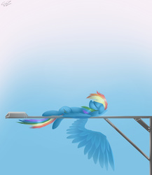 Size: 2762x3178 | Tagged: dead source, safe, artist:php69, rainbow dash, g4, backwards cutie mark, eyes closed, female, gradient background, high res, lamppost, on back, sleeping, solo, spread wings, wings