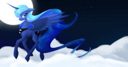 Size: 4567x2417 | Tagged: safe, artist:alphaaquilae, princess luna, alicorn, pony, g4, cloud, female, flowing mane, flowing tail, flying, looking at you, moon, night, solo, spread wings, tail
