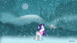 Size: 5000x2813 | Tagged: safe, artist:ldinos, rarity, pony, unicorn, g4, canterlot, canterlot castle, clothes, full moon, moon, night, scarf, signature, snow, snowfall, vector, wallpaper