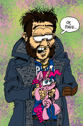 Size: 1210x1836 | Tagged: safe, artist:andreu-t, pinkie pie, earth pony, pony, g4, captain boomerang, crossover, dc comics, fake horn, holding, holding a pony, spoilers for another series, suicide squad