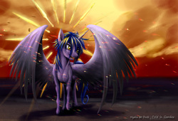 Size: 1400x950 | Tagged: safe, artist:akurion, hydia, alicorn, pony, fanfic:dusk falls, g1, alicorn oc, blade, blades, color porn, dusk, evil grin, fanfic, fanfic art, fangs, female, grin, horn, looking at something, mare, ponified, realistic horse legs, signature, smiling, solo, spread wings, sunlight, twilight (astronomy), wings, yellow eyes