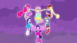 Size: 1280x720 | Tagged: safe, screencap, applejack, fluttershy, pinkie pie, rainbow dash, rarity, twilight sparkle, equestria girls, g4, boots, fall formal outfits, female, glowing, high heel boots, humane six, mane six, ponied up, twilight sparkle (alicorn)