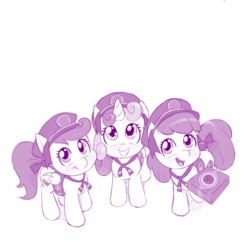 Size: 1100x1063 | Tagged: safe, artist:dstears, apple bloom, scootaloo, sweetie belle, earth pony, pegasus, pony, unicorn, 28 pranks later, g4, cookie, cute, cutie mark crusaders, diabetes, female, filly, filly guides, food, looking at you, monochrome, open mouth, simple background, smiling, white background