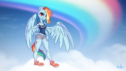 Size: 1920x1080 | Tagged: safe, artist:birchly, rainbow dash, anthro, plantigrade anthro, g4, alternative cutie mark placement, bra strap, clothes, female, hair over one eye, hand on hip, signature, solo, spread wings, standing on a cloud, strap slip, tank top, wings