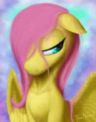 Size: 600x765 | Tagged: safe, artist:the1xeno1, fluttershy, pony, g4, bust, colored pupils, female, hair over one eye, lidded eyes, looking away, solo, spread wings