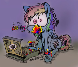Size: 1321x1143 | Tagged: safe, artist:andreu-t, rainbow dash, pegasus, pony, 28 pranks later, g4, box, cookie zombie, female, mare, open mouth, rainbow cookies, rainbow muzzle, sitting, solo, wide eyes