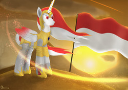 Size: 2000x1415 | Tagged: safe, artist:animerge, oc, oc only, oc:indonisty, alicorn, pony, alicorn oc, flag, indonesia, nation ponies, ponified, solo