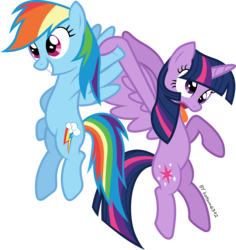 Size: 4386x4650 | Tagged: safe, artist:livehotsun, rainbow dash, twilight sparkle, alicorn, pony, g4, absurd resolution, flying, simple background, tongue out, transparent background, twilight sparkle (alicorn), vector