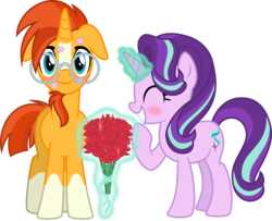 Size: 5454x4426 | Tagged: safe, artist:osipush, starlight glimmer, sunburst, pony, unicorn, g4, absurd resolution, bouquet, commission, cute, female, flash puppet, glasses, goatee, kiss mark, kisses, magic, male, ship:starburst, shipping, simple background, smiling, straight, transparent background