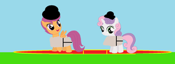 Size: 1226x452 | Tagged: safe, artist:nouseyourname, artist:selenaede, scootaloo, sweetie belle, pegasus, pony, unicorn, g4, base used, clothes, costume, simple background, sumo
