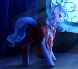 Size: 1423x1258 | Tagged: safe, artist:sapsan, edit, oc, oc only, oc:shadow blue, earth pony, pony, butt, clothes, commission, crepuscular rays, dock, dress, explicit source, looking at you, looking back, night, plot, raised tail, red dress, sfw edit, tail