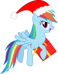 Size: 5245x6675 | Tagged: safe, artist:livehotsun, rainbow dash, pegasus, pony, g4, absurd resolution, female, flying, hat, holding a present, present, santa hat, simple background, solo, transparent background, vector