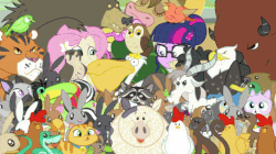 Size: 718x403 | Tagged: safe, edit, edited screencap, screencap, angel bunny, constance, fluttershy, harry, sci-twi, twilight sparkle, bald eagle, bear, beaver, big cat, bird, bison, blue jay, buffalo, butterfly, chipmunk, duck, eagle, falcon, ferret, flamingo, goat, keel-billed toucan, mallard, monarch butterfly, mouse, otter, parrot, pelican, peregrine falcon, pig, rabbit, sea lion, seal, snake, squirrel, tiger, toucan, equestria girls, friendship games bloopers, g4, my little pony equestria girls: friendship games, animal, animal portal, animated, blooper, chickadee (bird), clothes, crystal prep academy uniform, cute, cutie mark accessory, cutie mark hair accessory, glasses, hair accessory, hammerspace, reversed, school uniform, shyabetes, smiling, that pony sure does love animals