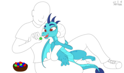 Size: 1331x790 | Tagged: safe, artist:frikdikulous, artist:polar_aurora, princess ember, oc, oc:anon, dragon, human, g4, cute, eating, emberbetes, feeding, gem, human on dragon snuggling, monochrome, partial color, simple background, white background