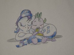 Size: 1120x840 | Tagged: safe, artist:hillbe, rarity, spike, g4, female, male, newbie artist training grounds, ship:sparity, shipping, sleeping, snuggling, straight, traditional art