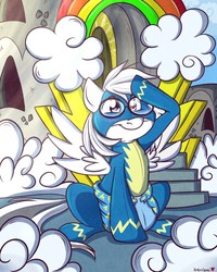 Size: 1024x1280 | Tagged: safe, artist:chibi-taiyo, oc, oc only, oc:spectre dash, g4, wonderbolts academy, clothes, cloud, diaper, glasses, non-baby in diaper, poofy diaper, rainbow, salute, solo, uniform, wonderbolts uniform