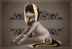 Size: 1950x1350 | Tagged: safe, artist:toffi, edit, oc, oc only, earth pony, pony, blonde, brown hair, clothes, gray, hooves, looking at you, multicolored hair, ornament, scarf, sitting, solo, yellow eyes, yin-yang