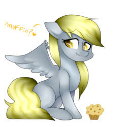 Size: 2500x2500 | Tagged: safe, artist:oniiponii, derpy hooves, pegasus, pony, g4, female, floppy ears, food, high res, mare, muffin, simple background, sitting, solo, spread wings, transparent background