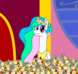 Size: 4500x4285 | Tagged: safe, artist:derpanater, princess celestia, 28 pranks later, g4, absurd resolution, big ol' pile o' scrolls, confused, flat stare, funny, looking at you, scene interpretation, scroll, straight face