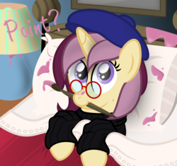 Size: 3193x3000 | Tagged: safe, artist:sollace, oc, oc only, oc:lannie lona, pony, beatnik, bed, beret, clothes, glasses, high res, looking at you, on back, paint, paintbrush, show accurate, solo, sweater, turtleneck
