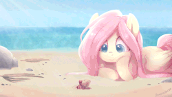 Size: 960x540 | Tagged: safe, artist:imiokun, artist:jumblehorse, fluttershy, pegasus, pony, g4, animated, beach, blinking, collaboration, crepuscular rays, cute, eyes closed, female, folded wings, hermit crab, horizon, looking at something, lying down, mare, ocean, prone, sand, shyabetes, sky, smiling, solo, water, youtube link