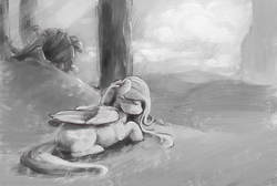 Size: 1787x1200 | Tagged: safe, artist:cuttledreams, fluttershy, g4, atg 2016, eyes closed, female, folded wings, forest, grayscale, lying down, monochrome, newbie artist training grounds, prone, solo