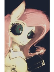 Size: 1610x2141 | Tagged: safe, artist:trakerzot, fluttershy, g4, apron, bust, cleaver, clothes, female, holding, looking at you, red eyes, solo