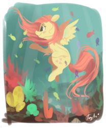 Size: 1200x1440 | Tagged: safe, artist:tamyarts, fluttershy, fish, g4, female, looking at something, solo, spread wings, swimming, underwater, watershy