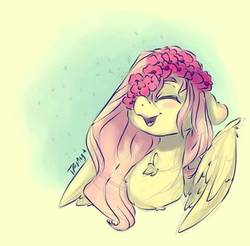 Size: 480x472 | Tagged: dead source, safe, artist:tamyarts, fluttershy, pegasus, pony, g4, bust, cute, eyes closed, female, floppy ears, floral head wreath, fluffy, hair over one eye, open mouth, portrait, shyabetes, smiling, solo, spread wings, wings