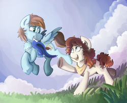 Size: 1600x1299 | Tagged: safe, artist:saxopi, oc, oc only, oc:charlie, oc:sorren, pegasus, pony, charren, clothes, couple, cute, duo, flying, happy, jewelry, necklace, scarf, wings