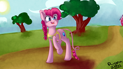 Size: 3840x2160 | Tagged: safe, artist:ryma2001, pinkie pie, earth pony, fly, pony, g4, apron, clothes, dock, female, high res, solo