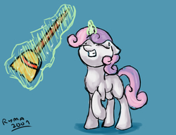 Size: 1500x1150 | Tagged: safe, artist:ryma2001, sweetie belle, pony, g4, broom, female, glowing horn, horn, magic, newbie artist training grounds, solo, sweetie belle's magic brings a great big smile, telekinesis