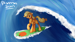 Size: 1920x1080 | Tagged: safe, artist:ryma2001, applejack, earth pony, pony, g4, female, newbie artist training grounds, solo, surfboard, surfing, water, wave