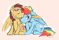 Size: 850x583 | Tagged: safe, artist:nolycs, rainbow dash, oc, oc:lace works, pegasus, pony, g4, blushing, canon x oc, embarrassed, eyes closed, forehead kiss, gay, hug, kissing, looking away, male, piercing, rainbow blitz, rule 63, shipping, wing hold