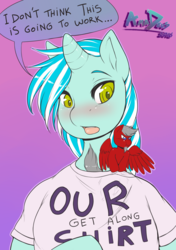 Size: 2248x3200 | Tagged: safe, artist:nikoh, oc, oc only, oc:cloud weaver, oc:keystone, clothes, get along shirt, high res, macro, micro, pouting, sharing, shirt, text