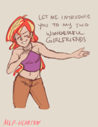 Size: 1280x1655 | Tagged: safe, artist:mlp-hearts, sunset shimmer, equestria girls, g4, belly button, female, humanized, implied lesbian, implied shipping, implied sunsetsparkle, implied twilight sparkle, midriff, offscreen character, shipping, solo