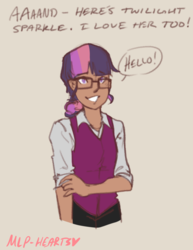 Size: 1280x1655 | Tagged: safe, artist:mlp-hearts, sci-twi, sunset shimmer, twilight sparkle, human, g4, dark skin, female, glasses, humanized, lesbian, offscreen character, ship:sci-twishimmer, ship:sunset twiangle, ship:sunsetsparkle, shipping, solo, sweater vest, twolight