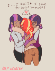 Size: 1280x1655 | Tagged: safe, artist:mlp-hearts, sci-twi, sunset shimmer, twilight sparkle, human, g4, dark skin, female, heart, hug, humanized, lesbian, midriff, ship:sci-twishimmer, ship:sunset twiangle, ship:sunsetsparkle, shipping, trio, twolight